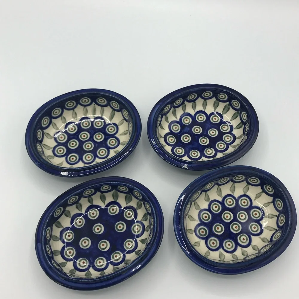 Polish Pottery Peacock Leaves Set of Four Bowls NWT - Picture 1 of 8